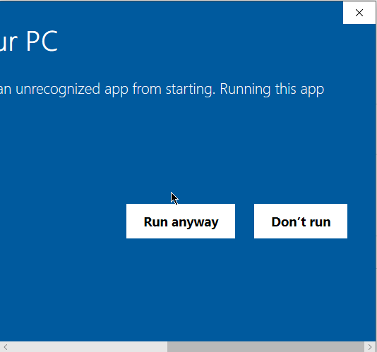 SmartScreen showing the Run anyway button